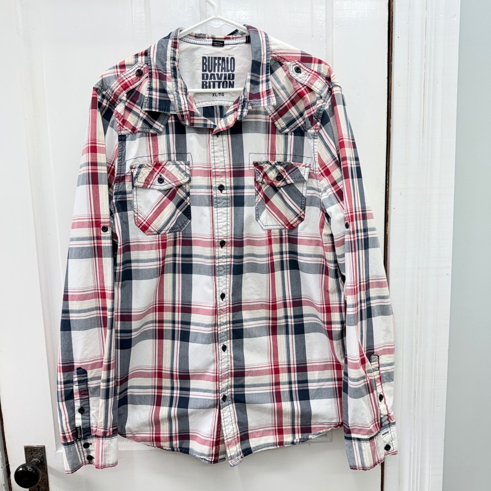 Buffalo David Bitton Mens XL Long Sleeve Button Down Red Navy White Plaid Shirt